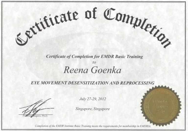 Certificate of Completion - EMDR Therapy - Reena Goenka