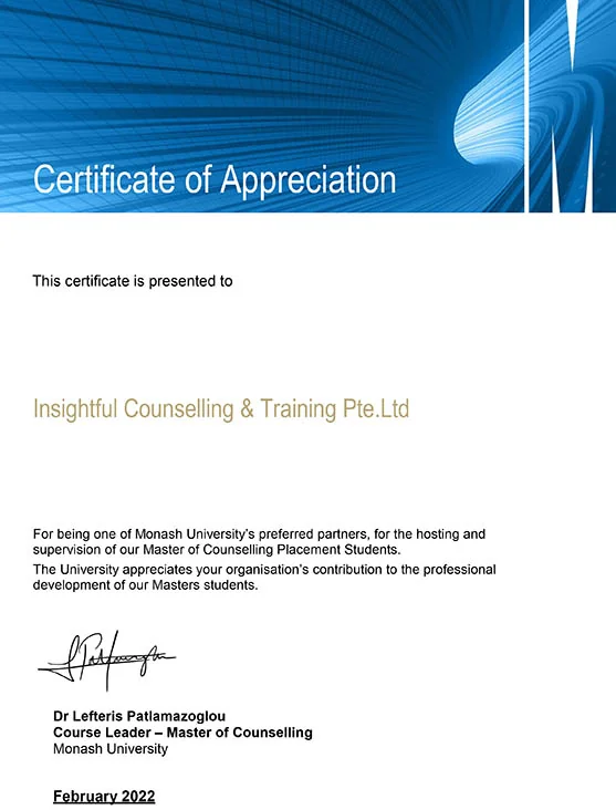 Certificate of Appreciation - Insightful Counselling