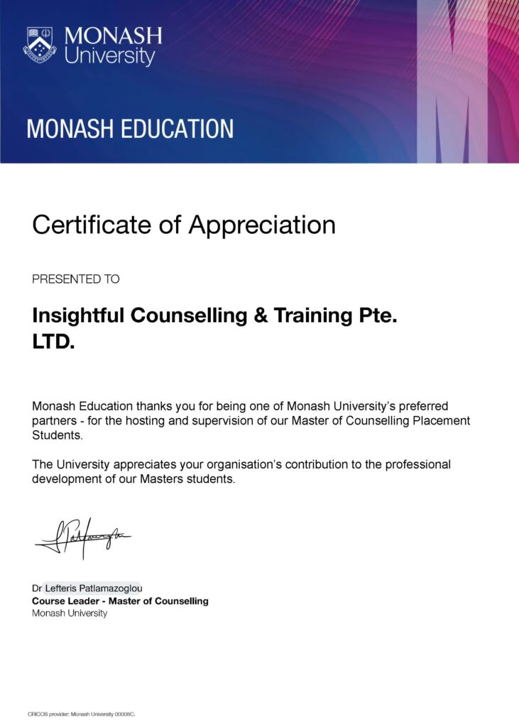 Certificate of Appreciation 2024 - Insightful Counselling & Training Pte. LTD