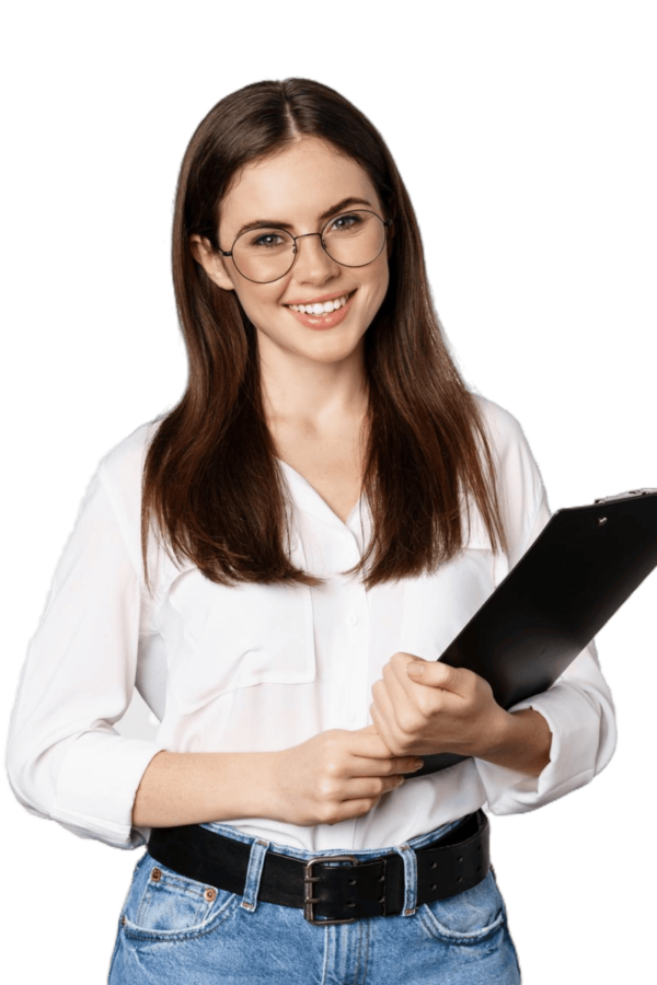 portrait-corporate-woman-holding-clipboard-work-standing-formal-outfit-white-background